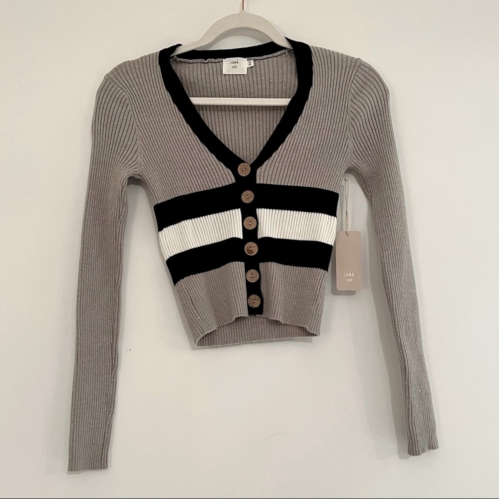 Gray Button Down Crop Top With Navy Blue And White Stripes From Zara